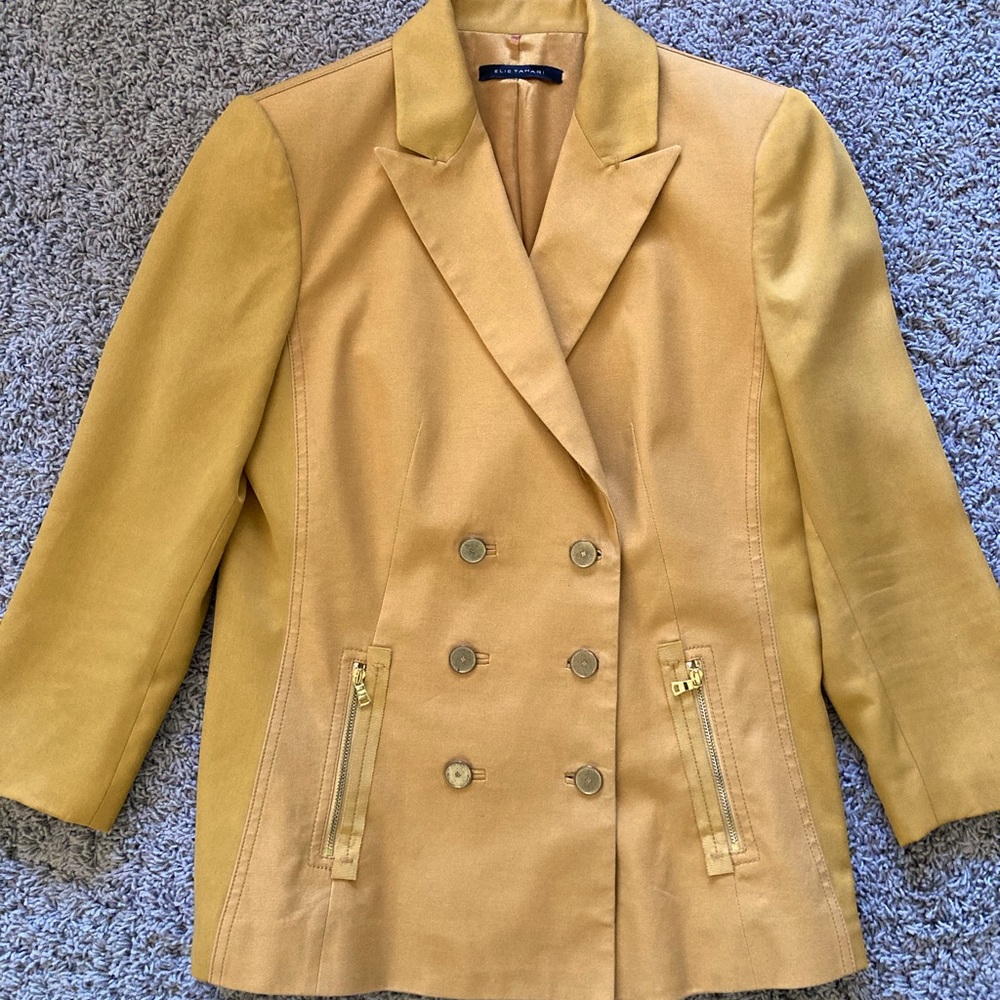 Elie Tahari Mustard Yellow Double Breasted Blazer Mixed Material Size 6